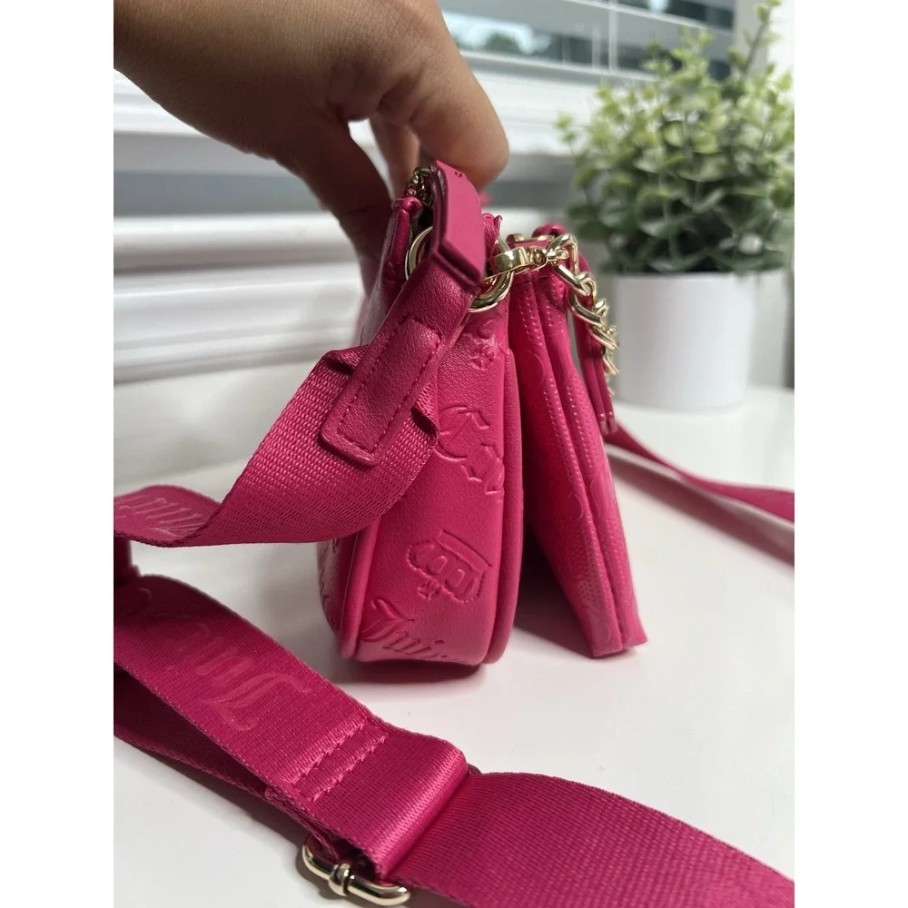 Juicy Couture Double Trouble Crossbody Bag Hot Pink Purse Gold Chain Pockets Zip